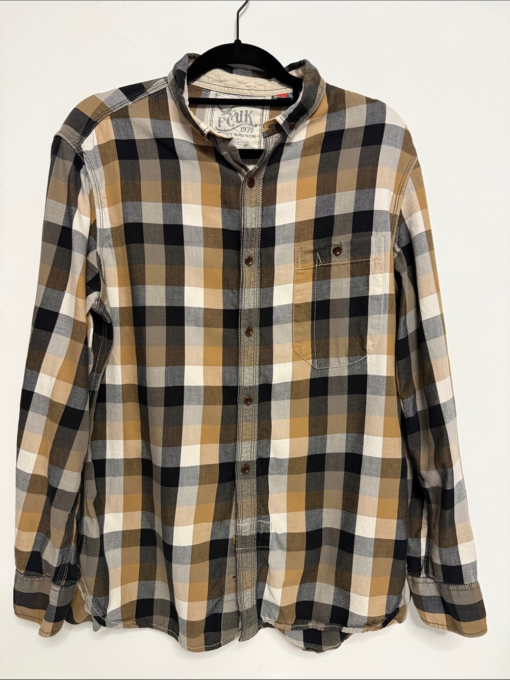 Men's Plaid Flannel Button-Down Shirt - Tan, Black & Cream
